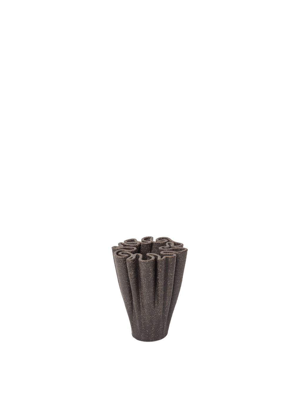 Petit vase Dedali brun foncé et son sommet en labyrinthe sur fond blanc.